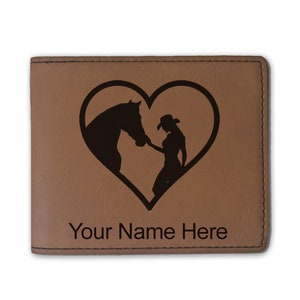 Cartera plegable de cuero sintético, corazón de vaquera de caballo, grabado personalizado incluido