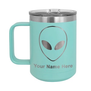 LaserGram 15oz Vacuum Insulated Coffee Mug, Alien Head, Personalized Engraving Included