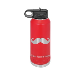 40oz Double Wall Flip Top Water Bottle with Straw, Mustache, Personalized Engraving Included