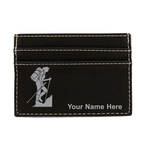 Monedero de cuero sintético Money Clip, mujer excursionista, grabado personalizado incluido