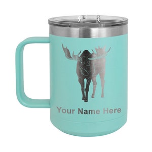 May include: A turquoise stainless steel travel mug with a black moose silhouette and the text "Your Name Here".