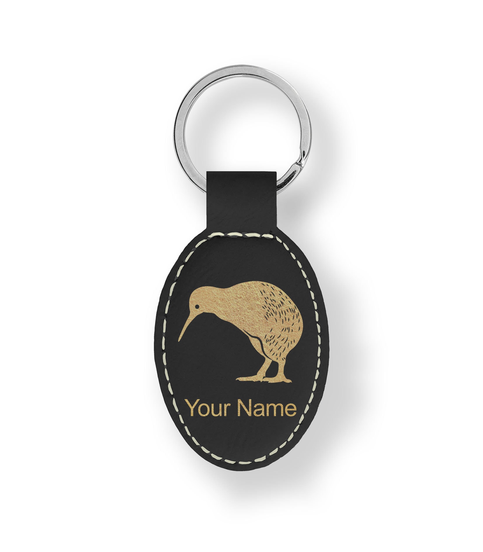 Faux Leather Oval Keychain, kiwi Bird, Personalized Engraving