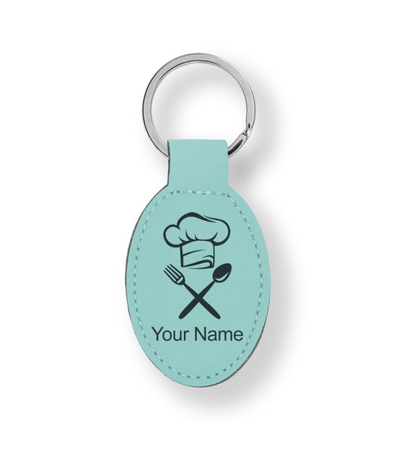 Faux Leather Oval Keychain, chef Hat, Personalized Engraving