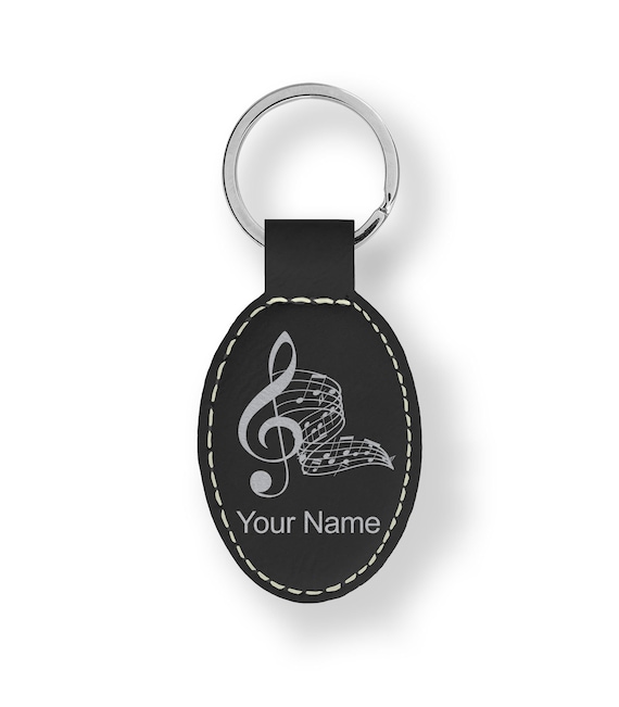 Faux Leather Oval Keychain, musical Notes, Personalized Engraving