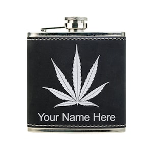 Faux Leather Flask, Marijuana leaf, Personalized Engraving Included