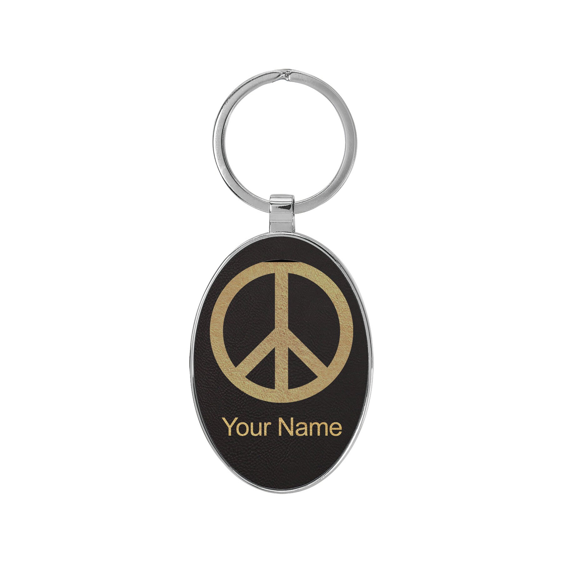 Oval Metal Frame Keychain, Peace Sign, Personalized Engraving