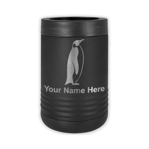 May include: Black stainless steel can cooler with a penguin graphic and the text "Your Name Here" engraved in silver.
