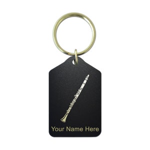 Black Metal Keychain, Clarinet, Personalized Engraving Included