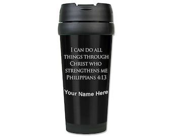 Taza de viaje para café de 16 oz, versículo bíblico Filipenses 4-13, grabado personalizado incluido