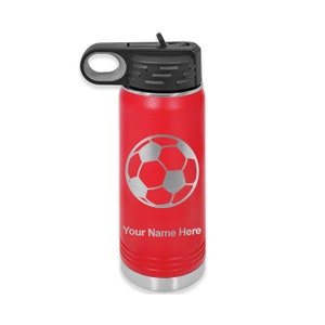 20oz Double Wall Flip Top Water Bottle with Straw, Soccer Ball, Personalized Engraving Included