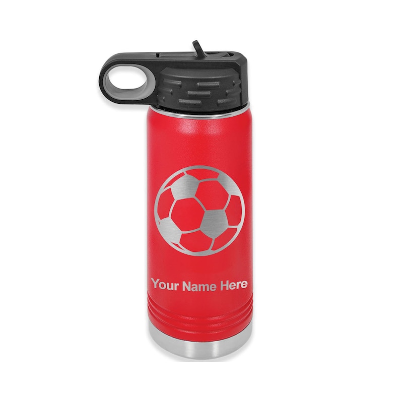 May include: Red stainless steel water bottle with a silver soccer ball design and the text "Your Name Here".