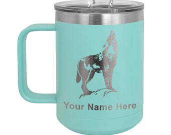 LaserGram 15oz Vacuum Insulated Coffee Mug, Howling Wolf, Personalized Engraving Included
