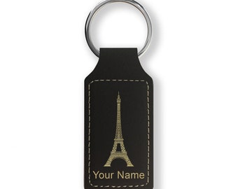 Llavero rectangular de piel sintética, Torre Eiffel, grabado personalizado incluido