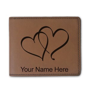 Cartera plegable de cuero sintético, corazones gemelos, grabado personalizado incluido