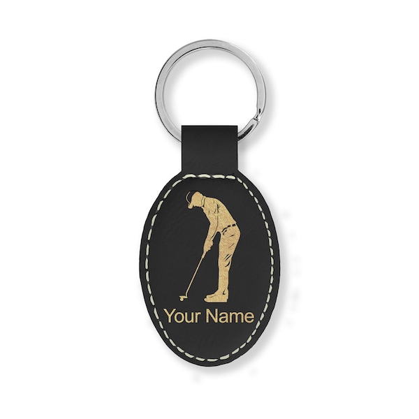 Faux Leather Oval Keychain, Golfer Putting, Personalized Engraving Included