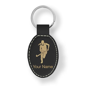 Faux Leather Oval Keychain, Field Hockey Woman, Personalized Engraving Included