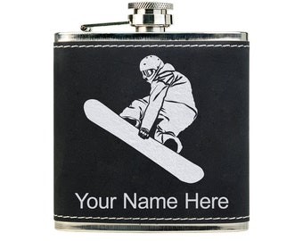 Faux Leather Flask, Snowboarder Man, Personalized Engraving Included