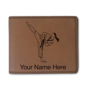 Cartera plegable de cuero sintético, mujer de Taekwondo, grabado personalizado incluido