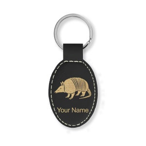 Faux Leather Oval Keychain, Armadillo, Personalized Engraving Included