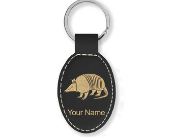 Faux Leather Oval Keychain, Armadillo, Personalized Engraving Included