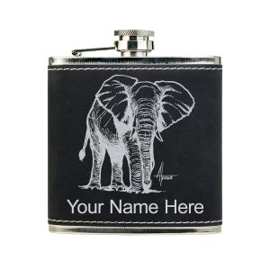 May include: Black leather flask with a silver elephant design and the text "Your Name Here".