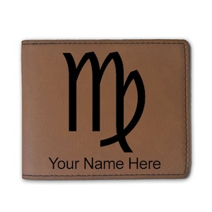 Cartera plegable de cuero sintético, signo zodiacal Virgo, grabado personalizado incluido