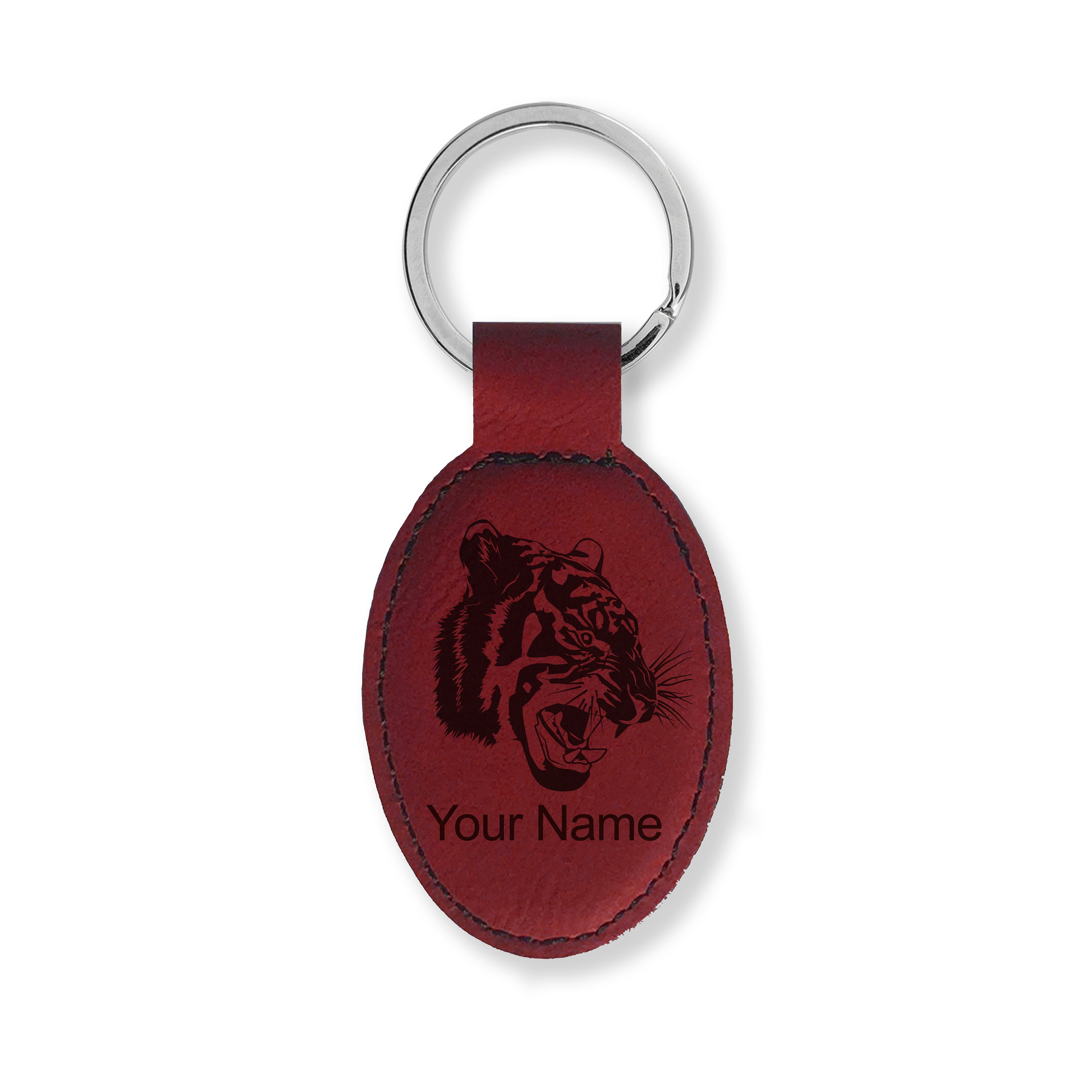Faux Leather Oval Keychain, Tiger Head, Personalized Engraving