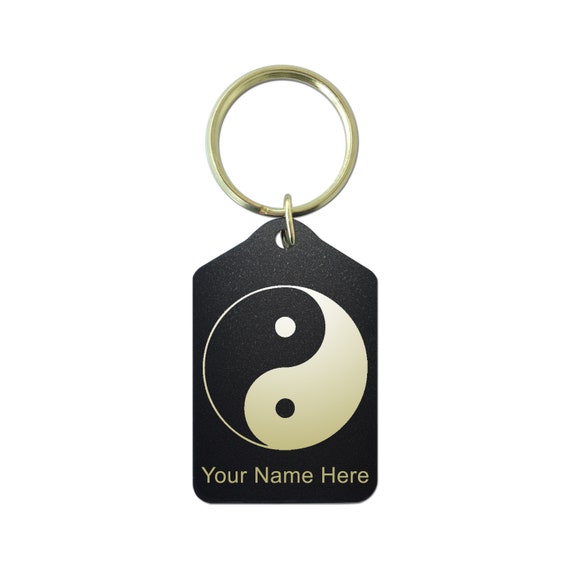 Black Metal Keychain, Yin Yang, Personalized Engraving Included