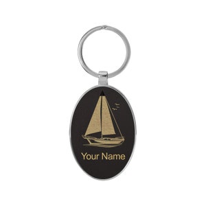 Oval Metal Frame Keychain, Sailboat, Personalized Engraving Included