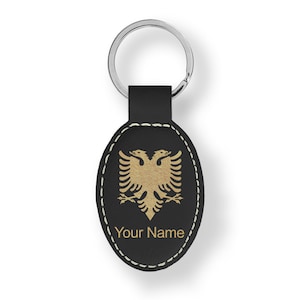 Faux Leather Oval Keychain, Flag of Albania, Personalized Engraving Included