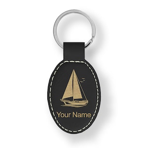 Faux Leather Oval Keychain, Sailboat, Personalized Engraving Included