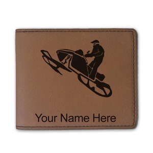 Cartera plegable de cuero sintético, moto de nieve, grabado personalizado incluido