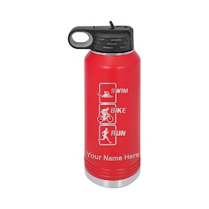 32oz Double Wall Flip Top Water Bottle with Straw, Swim Bike Run Vertical, Personalized Engraving Included