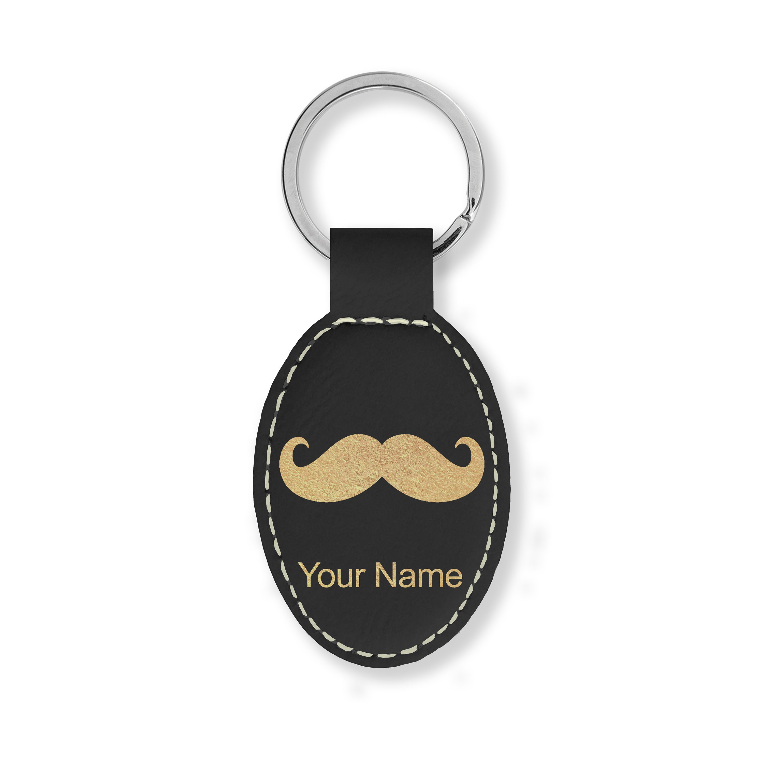 Faux Leather Oval Keychain, Mustache, Personalized Engraving