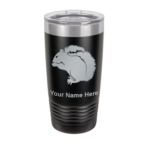 May include: Black insulated tumbler with a silver squirrel design and a clear lid. The tumbler has the text "Your Name Here" below the squirrel. The tumbler is approximately 7 inches tall.