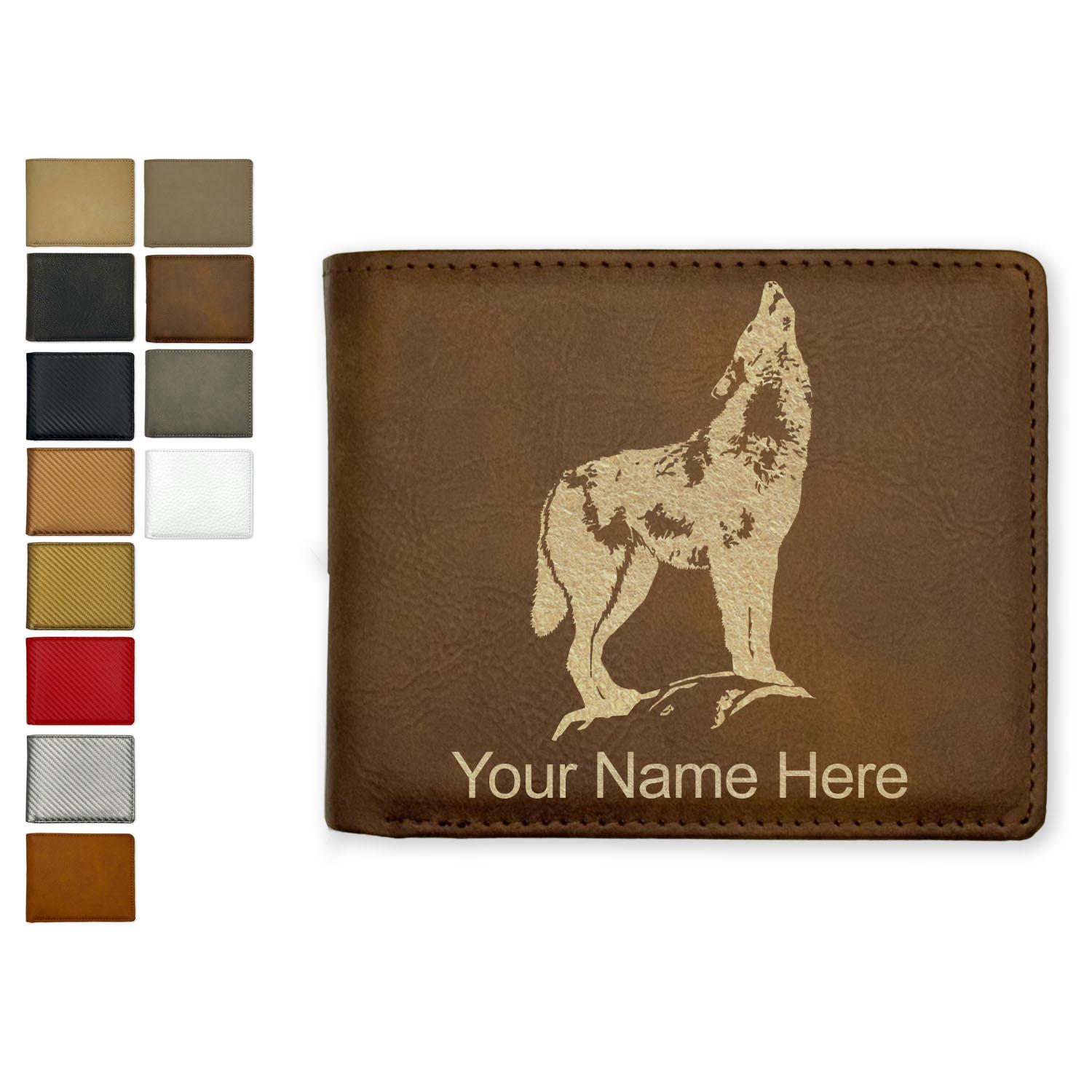 Personalized Faux Leather Bifold Wallet, howling Wolf, Custom
