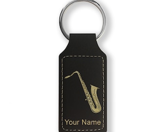 Faux Leather Rectangle Keychain, Saxophone, Personalized Engraving Included