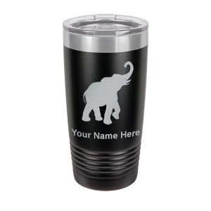 May include: Black stainless steel tumbler with a silver lid. The tumbler features a gray silhouette of an elephant with its trunk raised. The text "Your Name Here" is printed below the elephant.