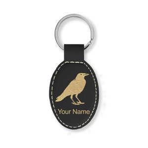 Faux Leather Oval Keychain, Crow, Personalized Engraving Included