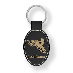 Faux Leather Oval Keychain, Snowmobile, Personalized Engraving Included
