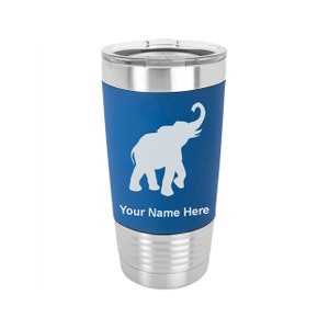 May include: A blue stainless steel tumbler with a white elephant silhouette and the text "Your Name Here".