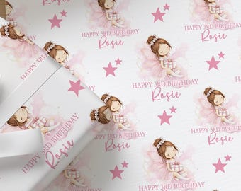 Gepersonaliseerd inpakpapier voor een verjaardag, roze feeëncadeaupapier met naam en leeftijd, verjaardagspapier voor meisjes