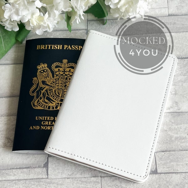 White Leather Passport Cover with UK passport Digital Mocked Up Photo Jpeg PNG Files