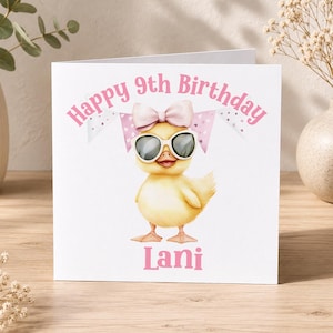 Any Name Age Personalised Card - Cute Pink Duck Theme, Luxury Thick Paper, Custom Front - Girls Birthday Gift, 6x6 Inches
