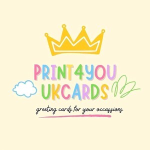 a logo for a company called "Print4you UKcards", which is a company that creates and sells greeting cards. The logo includes a crown, a cloud, and the text "Print4you UKcards" in a colorful and playful design.