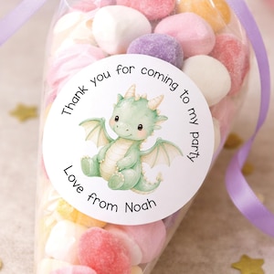 Personalised Dragon Party Favour Stickers, Birthday Bag Labels with Any Name, 5cm Round Glossy Tags for Kids Birthday Parties