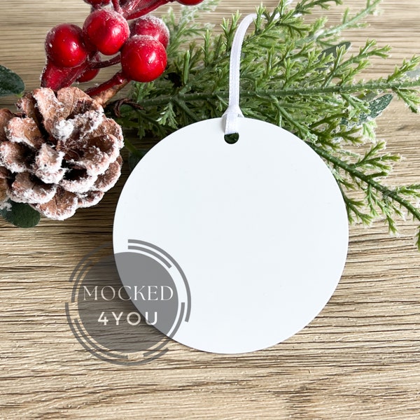 White Round Aluminium Metal Christmas Ornament, Bauble Disc Digital Mocked Up Photo