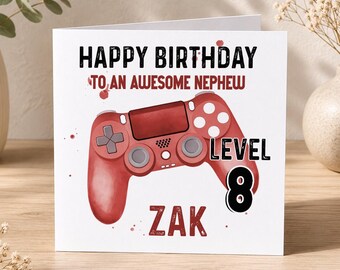 Personalised Gamer Birthday Card, Red Controller (Name & Level)