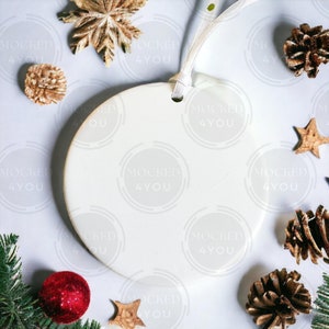 White Round Ceramic Christmas Ornament, Bauble Disc Digital Mocked Up Photo