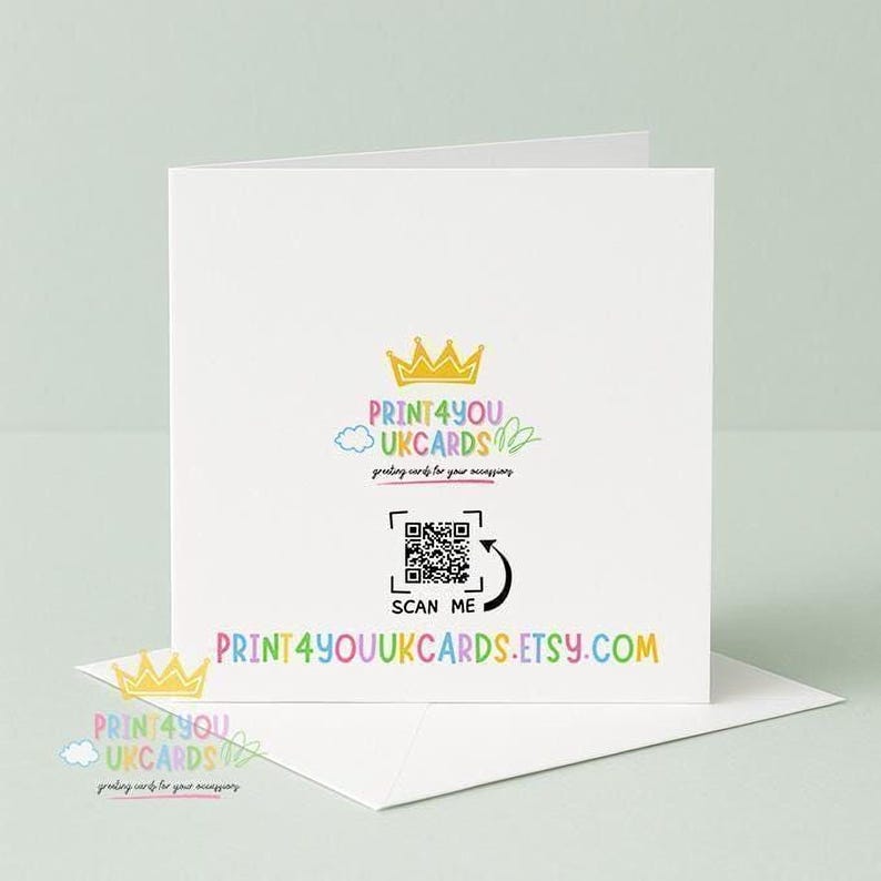 The image is a white card with colorful text and a QR code, promoting a company called "Print4you UKCards" that offers personalized greeting cards.